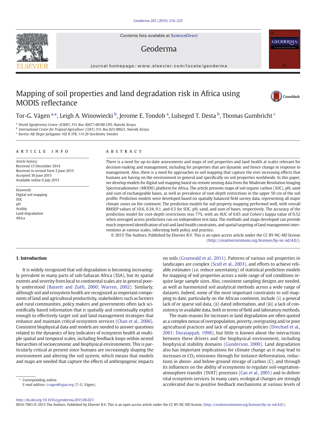 Mapping of soil properties and land degradation risk in Africa using MODIS reflectance preview
